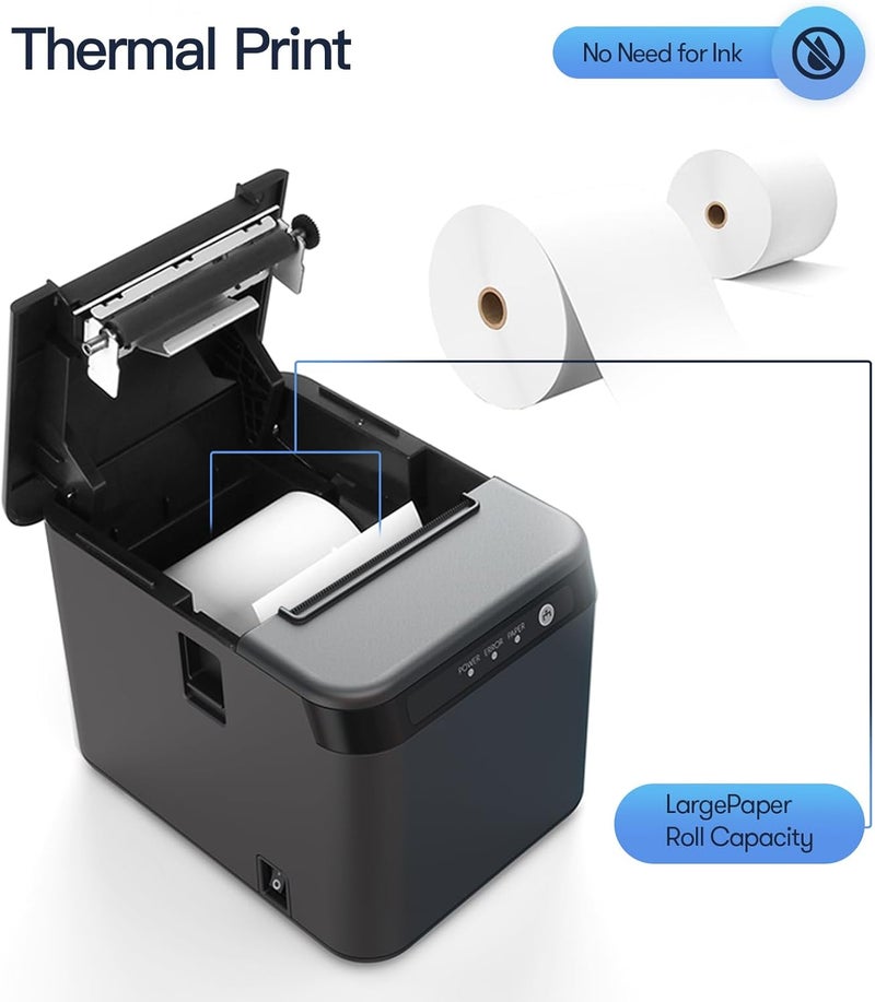 Bisofice طابعة إيصالات 80 مم طابعة حرارية ESC/POS طابعة مكتبية طباعة مباشرة اتصال USB + LAN كفاءة عالية مع قاطع تلقائي سلة ورق كبيرة للأعمال التجارية والشحن والمطاعم والمطابخ والسوبرماركت - Image 3